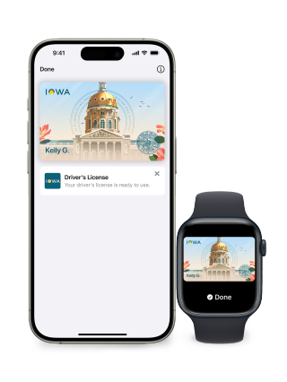 an iphone and apple watch showing an Iowa Drivers license on the screens