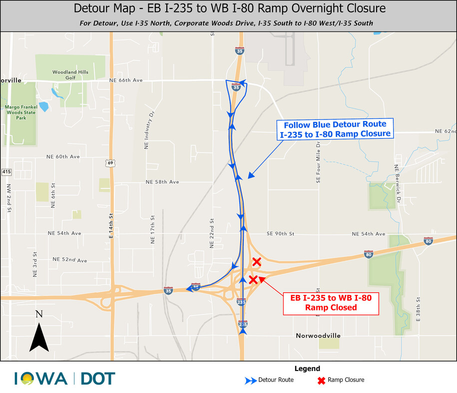 EB I-235 to WB I-80 Ramp Closure detour map